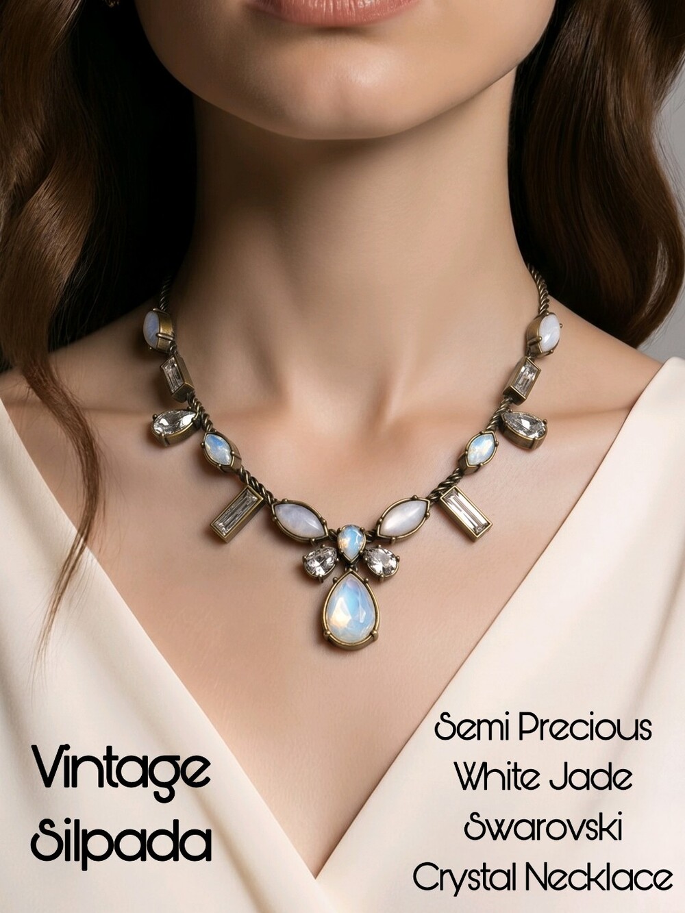 SILPADA Semi Precious White Jade Swarovski Crystal Necklace in Antique Bronze